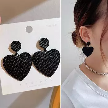 Черные серьги-капли с двойным сердцем, модные серьги из сплава с кристаллами, милые корейские милые ювелирные изделия, подарок
