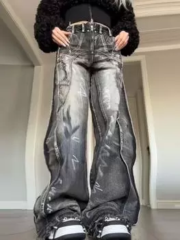 Черные серые женские джинсы с высокой талией, винтажные прямые мешковатые джинсовые брюки, уличные, американский стиль, модные, широкие джинсовые брюки S темно серый