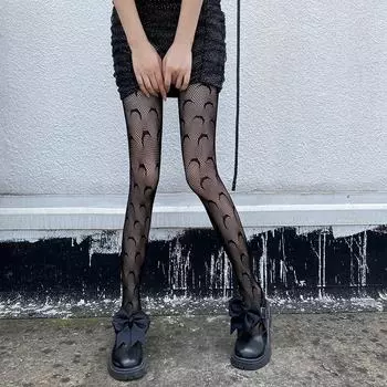 Черные сетчатые чулки в темном стиле с лунным узором - тонкие ажурные жаккардовые носки JK One size simple package чёрный