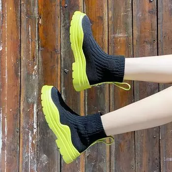 Черные сетчатые дышащие женские туфли на высокой платформе, ботильоны, женские туфли, ботильоны, зеленые городские ботинки со стильным дизайном AH 35