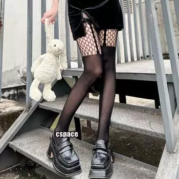 Черные сетчатые колготки с подвязками и ажурной строчкой One Size чёрный