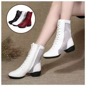 Черные сетчатые туфли для джаз-модерна, кожаные танцевальные ботинки на низком каблуке, дышащая обувь для учителей, высокие ботинки 34 чёрный