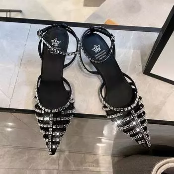 Черные сексуальные туфли на высоком каблуке со стразами, летние новые, тонкие, дышащие, сандалии с пучком на каблуке, женские 35 чёрный
