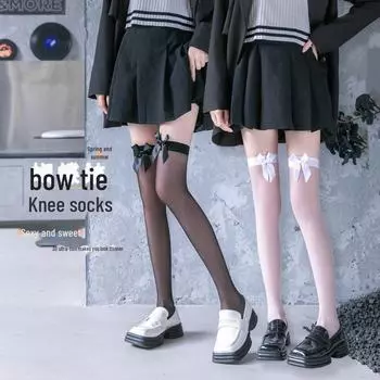 Черные шелковые чулки до колена с кружевным бантом - тонкие сексуальные женские чулки на весну и осень One Size чёрный