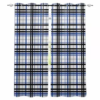 Черные, синие и серые полосатые клетчатые затемняющие шторы для гостиной, спальни, оконные шторы, занавески W135 x H60cm