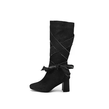 Черные, синие женские сапоги до колена на высоком каблуке, большой размер 48 34 чёрный