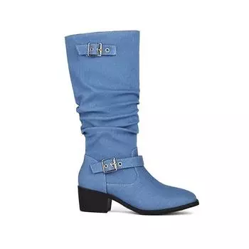 Черные, синие женские сапоги до середины икры, средний каблук, маленький, большой размер 33 48 34 чёрный