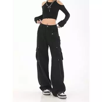 Черные свободные джинсы-карго с высокой талией в стиле ретро, уличная одежда, женские винтажные широкие мешковатые брюки Y2K S чёрный