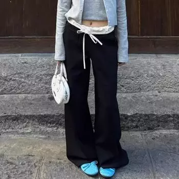 Черные свободные повседневные брюки на шнуровке в стиле ретро для женщин, прямые широкие брюки с высокой талией, женские элегантные простые офисные женские брюки 24205 S чёрный