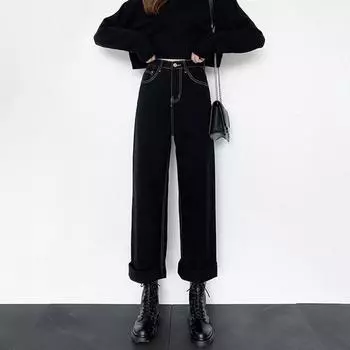 Черные свободные повседневные джинсы с широкими штанинами, женские зимние брюки, уличная одежда с высокой талией, брюки большого размера L чёрный