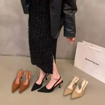 Черные темпераментные босоножки с сумкой на голове, туфли-феи 2024 года, новые французские туфли с острыми носами на высоком каблуке 35 чёрный