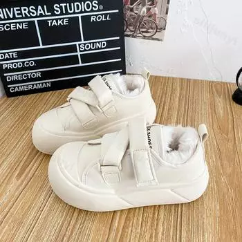 Черные теплые хлопковые туфли из бархата и хлопка для женщин 2025 года, новые универсальные туфли на толстой подошве, нескользящие снегоступы 35 бежевый