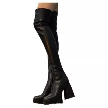 Черные толстые каблуки выше колена высокие сапоги для женщин в стиле панк осень-зима на толстой платформе высокие сапоги обувь для вечеринок для женщин 35