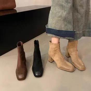 Черные толстые каблуки, высокие каблуки, женские короткие сапоги на осень и зиму, женские одинарные сапоги, тонкие сапоги с квадратным носком, короткие замшевые сапоги без каблука 35