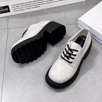 Черные толстые туфли в британском стиле на высоком каблуке, женские, весна 2025, новые туфли на круглой платформе со шнуровкой 35 бежевый