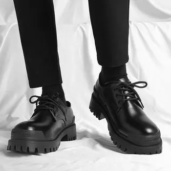 Черные туфли Дерби на толстой подошве. Классический и универсальный дизайн. Обувь для отдыха, бизнеса, вечеринки, свадьбы, жениха, для взрослых. Качественная обувь. Новые. 38 чёрный