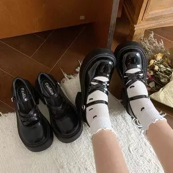 Черные туфли-лодочки на высоком каблуке с толстой подошвой и неглубоким носком, женские летние туфли в стиле ретро в стиле Мэри Джейн 35 матовый черный