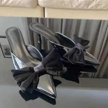 Черные туфли-лодочки с бантом на каблуке для женщин, кожаные сандалии, элегантные женские туфли на среднем каблуке, женские туфли-лодочки с заостренным носком, туфли-шпильки 36