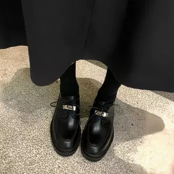 Черные туфли-лоферы из овчины с замком и круглым носком в стиле ретро, женские туфли на толстом каблуке, британский стиль, кожаные туфли-оксфорды 35