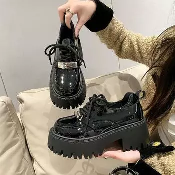 Черные туфли Мэри Джейн из кожи, женские летние новые модные универсальные нескользящие мокасины на толстом каблуке 35