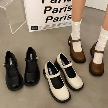 Черные туфли Мэри Джейн из кожи, женские туфли на весну и лето, толстый каблук, круглая головка, неглубокий носок, одинарные туфли Love 35