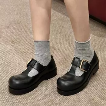 Черные туфли Мэри Джейн на плоской подошве с большим носком, летние туфли с пряжкой и Т-образным ремешком на платформе, женские, высокого качества 35 чёрный
