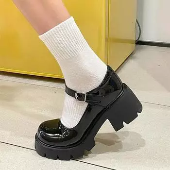 Черные туфли Мэри Джейн на высоком каблуке для женщин, винтажные туфли для девочек, для студентов, туфли на платформе JK, женские туфли с пряжкой на щиколотке, туфли в стиле Лолиты для вечеринки 35 чёрный