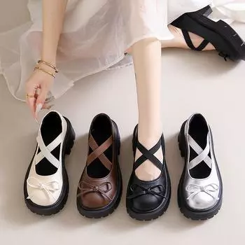 Черные туфли Мэри Джейн с круглым носком и неглубоким низом, толстая подошва, бант, перекрещивающиеся ремешки, женские туфли-лодочки, повседневные туфли на высоком толстом каблуке, мокасины 35 бежевый