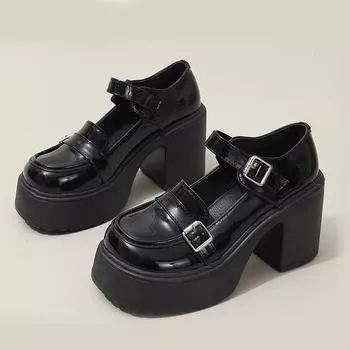 Черные туфли Мэри Джейн с пряжкой, женская коллекция весна 2024 года, туфли-лодочки из лакированной кожи на платформе, женские туфли-лоферы с ремешком на щиколотке и каблуком высотой 9 см 35 чёрный