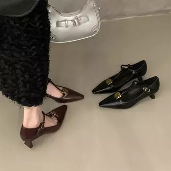 Черные туфли Мэри Джейн, тонкие каблуки не надоели женской обуви, весна и осень 2025 новые модели с юбками, остроносые одинарные туфли 35 бордовый