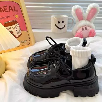 Черные туфли на толстой подошве с завышенной шнуровкой, женские яркие кожаные туфли на шнуровке, носки, одинарные туфли 35 матовый черный