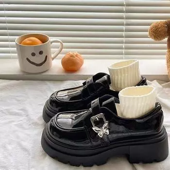Черные туфли на толстой подошве, женские, осень 2024 года, толстый каблук в британском стиле, закругленный носок, японские туфли-лоферы ik, одинарные туфли 35 матовый черный