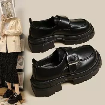 Черные туфли на толстой подошве женские в английском стиле осень-зима 100 с увеличением высоты толстые туфли Мэри Джейн 35 чёрный