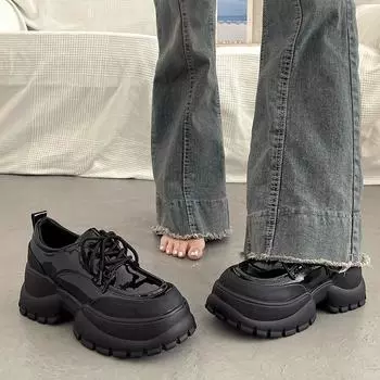 Черные туфли на толстом каблуке для женщин, черные осенние новые модные универсальные туфли на толстой подошве, увеличивающие рост, для женщин 35 чёрный