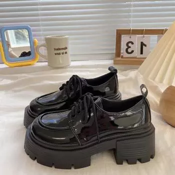 Черные туфли на толстом каблуке и платформе, женские весенне-летние туфли на шнуровке в японском британском стиле для работы и поездок на работу 40