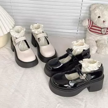 Черные туфли на толстом каблуке с толстой подошвой, женские весенние туфли Мэри Джейн, увеличивающие рост, короткие модные и удобные туфли на высоком каблуке 35 чёрный