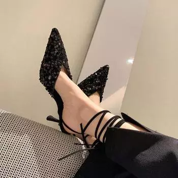 Черные туфли на тонком каблуке с ремешком для вечеринок и свадеб, женская обувь, босоножки, женские, с острым носком, лето 2024, на шпильке, дизайнер 34