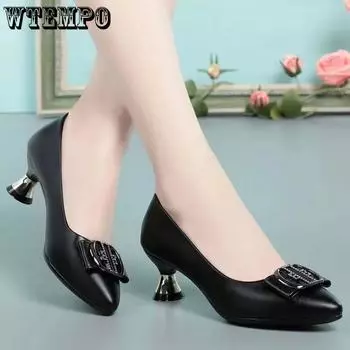 Черные туфли на высоком каблуке на низком каблуке. Пряжка-бабочка. Острый нос. Женская рабочая обувь без шнуровки. Мягкая кожа. Повседневная простая обувь. 41
