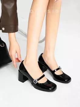 Черные туфли на высоком каблуке в стиле ретро, летние женские туфли с круглым носком, милые модные туфли Мэри Джейн, женские туфли на толстом каблуке 35