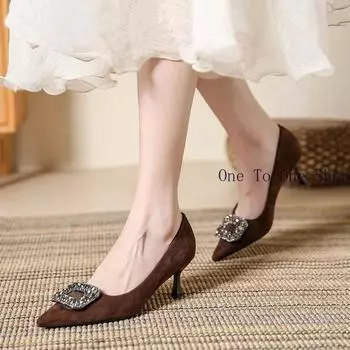 Черные туфли на высоком каблуке женские 2024 осень новые классические квадратные пуговицы водные бриллиантовые туфли на высоком каблуке элегантные женские одиночные модели мода 34 чёрный