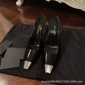 Черные туфли на высоком каблуке женские 2024 весна и осень новые лакированные туфли на тонком каблуке с металлическим квадратным носком модные одинарные туфли женские туфли 35