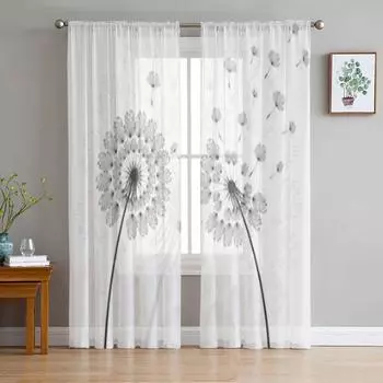 Черные тюлевые занавески с одуванчиками для гостиной, спальни, вуаль, прозрачные шторы, кухонные шторы, занавески 135W x 114H(cm)