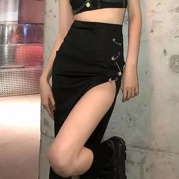 Черные юбки-миди с разрезом, женская эстетичная узкая одежда с рюшами в готическом стиле в стиле панк, осенне-зимняя одежда, длинная юбка с высокой талией для вечеринки S чёрный