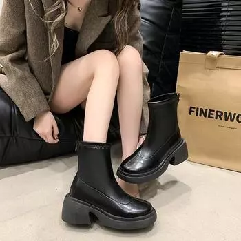 Черные уличные ботинки Martin в британском стиле на толстом каблуке женские осенне-зимние 2024 года, новые тонкие универсальные бархатные короткие ботинки Chelsea 35