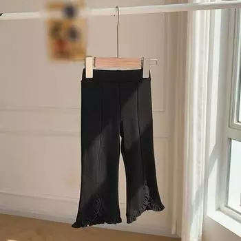 Черные универсальные свободные и повседневные брюки для маленьких девочек, детские милые брюки с эластичной резинкой на талии, брюки с рюшами 140