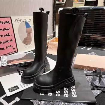 Черные утягивающие длинные сапоги для женщин в винтажном стиле с толстой подошвой, увеличивающие рост, короткие женские рыцарские сапоги для осени/зимы 35 чёрный