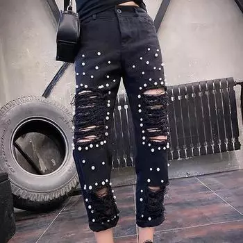 Черные узкие джинсы-карандаш с рваными дырками и жемчугом, длина до икры, женские джинсовые брюки с высокой талией, большие размеры 3XL, летние черные джинсовые брюки S чёрный