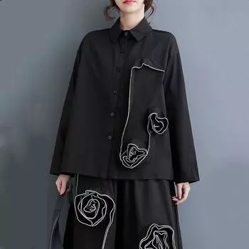 Черные винтажные рубашки и блузки больших размеров с длинными рукавами и блузками, повседневные свободные весенне-осенние топы, женская рубашка на пуговицах