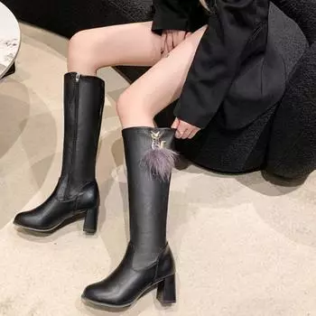 Черные высокие сапоги на каблуке, женские, новые, на толстом каблуке, на платформе, женские сапоги выше колена, зимняя теплая женская обувь, Botas Mujer 36