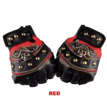 Черные заклепки из искусственной кожи, пиратский череп, панк, мотоциклетные, байкерские, тактические перчатки без пальцев, мужские перчатки в стиле стимпанк красный